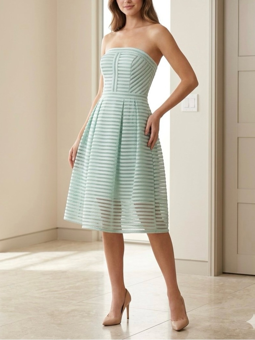 NY&Co Mint Green Mesh Pleated Strapless Fit & Flare Dress NWT 0